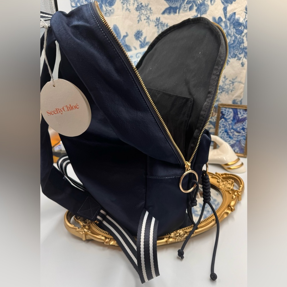🆕 SEE BY CHLOE 🧿 NWT Cactus and Logo-Embroidered Satin Backpack in Navy - Picture 7 of 15